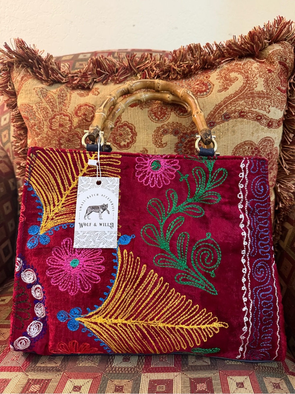 Wolf & Willa Hand Made Red Embroidered Velvet Tote w/Bamboo Handles NWT 10"x 13"